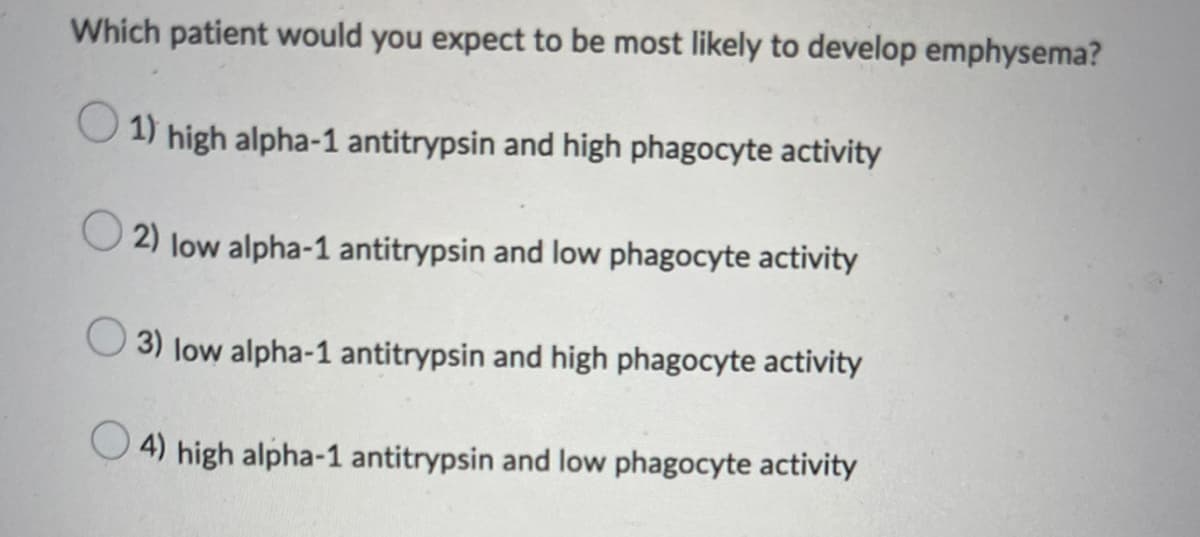 Which patient would you expect to be most likely to develop emphysema?
1) high alpha-1 antitrypsin and high phagocyte activity
2) low alpha-1 antitrypsin and low phagocyte activity
3) low alpha-1 antitrypsin and high phagocyte activity
4) high alpha-1 antitrypsin and low phagocyte activity