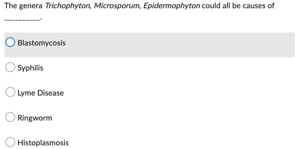 The genera Trichophyton, Microsporum, Epidermophyton could all be causes of
Blastomycosis
Syphilis
Lyme Disease
Ringworm
Histoplasmosis