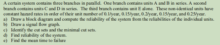 A certain system contains three branches in parallel. One branch contains units A and B in series. A second
branch contains units C and D in series. The third branch contains unit E alone. These non-identical units have
constant hazard rates in order of their unit number of 0.1/year, 0.15/year, 0.2/year, 0.15/year, and 0.25/year.
a) Draw a block diagram and compute the reliability of the system from the reliabilities of the individual units.
b) Draw a signal flow graph.
c) Identify the cut sets and the minimal cut sets.
d) Find reliability of the system.
e) Find the mean time to failure
