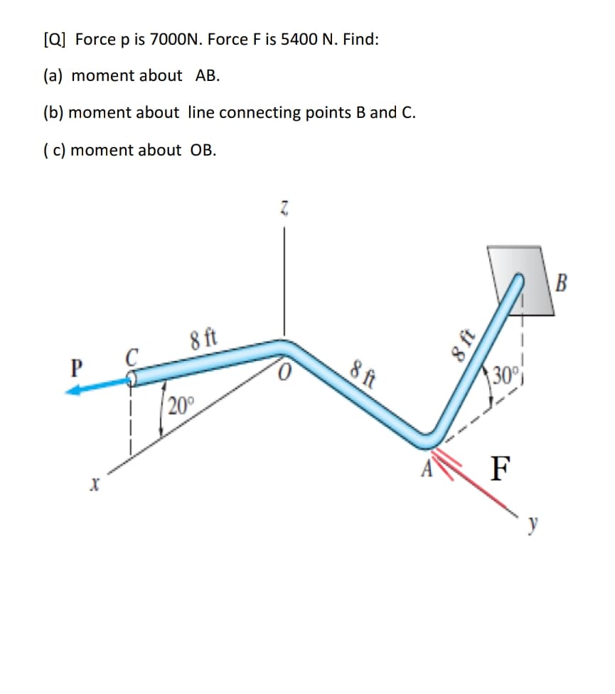 [Q] Force p is 7000N. Force F is 5400 N. Find:
(a) moment about AB.
(b) moment about line connecting points B and C.
(c) moment about OB.
|B
8 ft
C
8 ft
|30%
200
F

