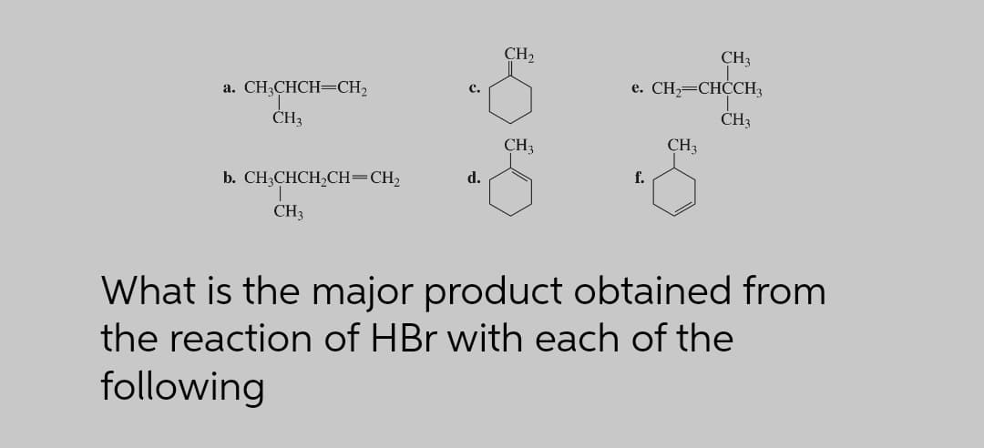 CH2
CH;
e. CH2=CHCCH3
с.
a. CH;CHCH=CH2
ČH3
ČH3
CH3
CH3
d.
f.
b. CH3CHCH2CH=CH2
CH3
What is the major product obtained from
the reaction of HBr with each of the
following
