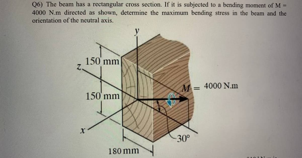 Q6) The beam has a rectangular cross section. If it is subjected to a bending moment of M =
4000 N.m directed as shown, determine the maximum bending stress in the beam and the
orientation of the neutral axis.
y
150 mm
M= 4000 N.m
150' mm
30°
180 mm
