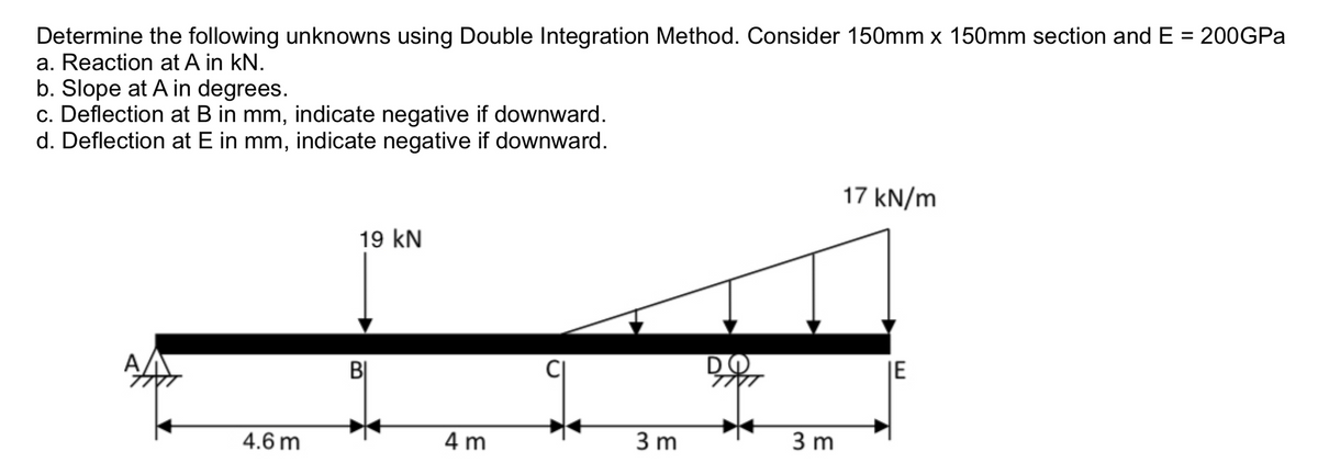 Determine the following unknowns using Double Integration Method. Consider 150mm x 150mm section and E = 200GPA
a. Reaction at A in kN.
%3D
b. Slope at A in degrees.
c. Deflection at B in mm, indicate negative if downward.
d. Deflection at E in mm, indicate negative if downward.
17 kN/m
19 kN
AA
BỊ
JE
4.6 m
4 m
3 m
3 m
