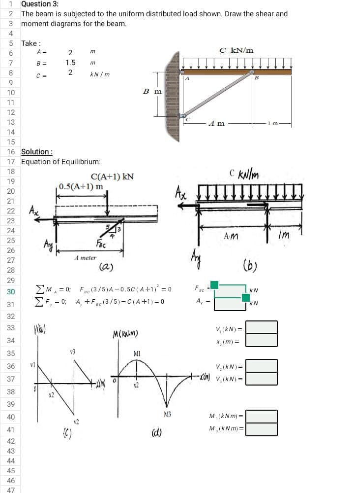 1 Question 3:
2 The beam is subjected to the uniform distributed load shown. Draw the shear and
moment diagrams for the beam.
3
4
5
Take
C kN/m
6
2
m
7
1.5
m
8
2
kN/m
A
9
B m
10
11
12
13
14
15
16 Solution:
17 Equation of Equilibrium:
18
19
0.5(A+1) m
20
21
22
23
24
25
26
27
28
29
30
31
32
33
34
35
36
37
38
39
40
41
42
43
44
45
46
47
A =
B =
C =
vl
Ay
A meter
(a)
M = 0;
Fac (3/5) A-0.5C (A+1) = 0
ΣF, = 0; A, +Fac(3/5)-C (A+1)=0
M(KNM)
v3
MI
x2
x2
5
C(A+1) KN
v2
FBC
M3
Ay
A m
A₁ =
C kN/m
A.M
B
(b)
KN
KN
V₁ (kN) =
x₂ (m) =
V₂ (kN) =
+-X(M) V₂ (KN) =
M, (kNm) =
M₂ (kNm) =