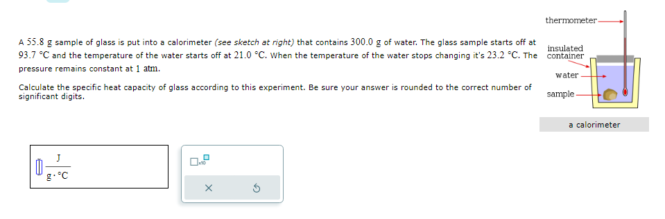 A 55.8 g sample of glass is put into a calorimeter (see sketch at right) that contains 300.0 g of water. The glass sample starts off at
93.7 °C and the temperature of the water starts off at 21.0 °C. When the temperature of the water stops changing it's 23.2 °C. The
pressure remains constant at 1 atm.
Calculate the specific heat capacity of glass according to this experiment. Be sure your answer is rounded to the correct number of
significant digits.
g-°C
OP
X
S
thermometer-
insulated
container
water.
sample
a calorimeter