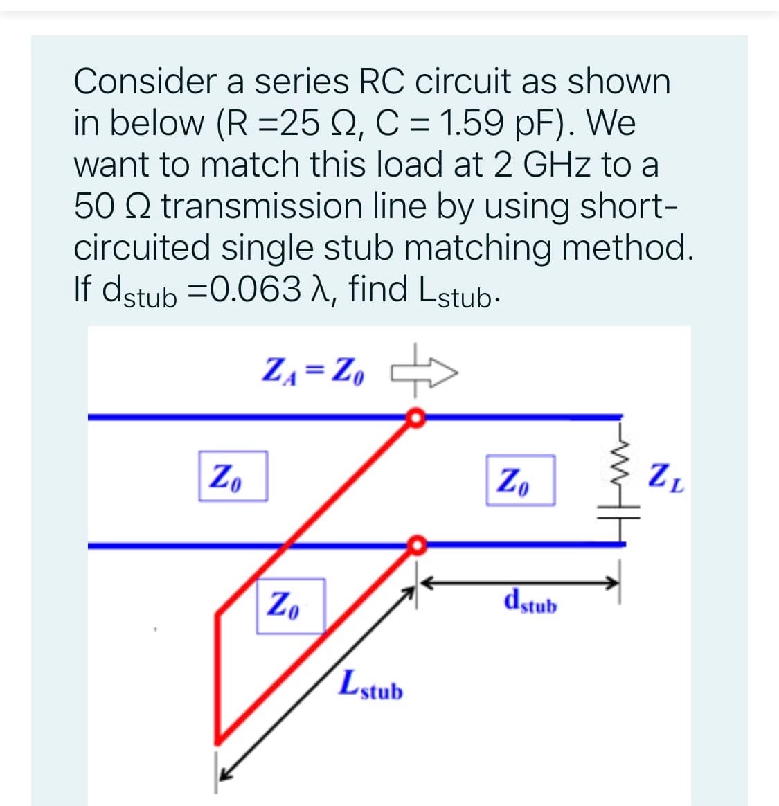 Consider a series RC circuit as shown
in below (R =25 Q, C = 1.59 pF). We
want to match this load at 2 GHz to a
50 Q transmission line by using short-
circuited single stub matching method.
If dstub =0.063 A, find Lstub-
Z, = Z, >
Z.
Zo
ZL
dstub
Zo
Lstub
