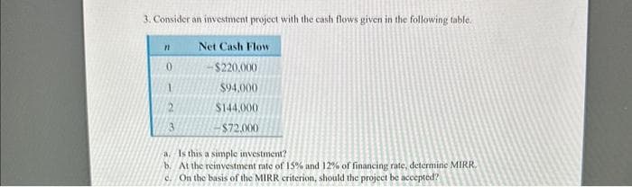3. Consider an investment project with the cash flows given in the following table.
Net Cash Flow
-$220.000
$94,000
$144,000
-$72,000
n
0
1
2
3
a. Is this a simple investment?
b. At the reinvestment rate of 15% and 12% of financing rate, determine MIRR.
e. On the basis of the MIRR criterion, should the project be accepted?