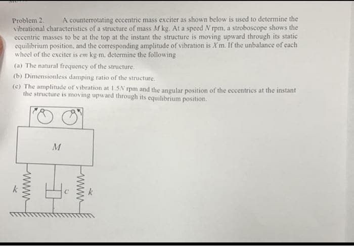 A counterrotating eccentric mass exciter as shown below is used to determine the
Problem 2.
vibrational characteristics of a structure of mass M kg. At a speed N rpm, a stroboscope shows the
eccentric masses to be at the top at the instant the structure is moving upward through its static
equilibrium position, and the corresponding amplitude of vibration is X m. If the unbalance of each
wheel of the exciter is em kg m, determine the following
(a) The natural frequency of the structure.
(b) Dimensionless damping ratio of the structure.
(c) The amplitude of vibration at 1.5N rpm and the angular position of the eccentrics at the instant
the structure is moving upward through its equilibrium position.
k
www
www
