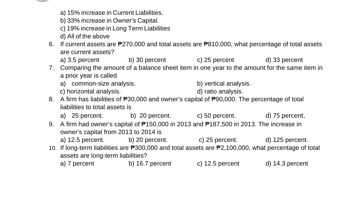a) 15% increase in Current Liabilities.
b) 33% increase in Owner's Capital.
c) 19% increase in Long Term Liabilities
d) All of the above
6. If current assets are P270,000 and total assets are P810,000, what percentage of total assets
are current assets?
c) 25 percent
a) 3.5 percent
7. Comparing the amount of a balance sheet item in one year to the amount for the same item in
a prior year is called
a) common-size analysis.
c) horizontal analysis.
8. A firm has liabilities of P30,000 and owner's capital of P90,000. The percentage of total
liabilities to total assets is
b) 30 percent
d) 33 percent
b) vertical analysis.
d) ratio analysis.
b) 20 percent.
c) 50 percent.
d) 75 percent.
a) 25 percent.
9. A firm had owner's capital of P150,000 in 2013 and P187,500 in 2013. The increase in
owner's capital from 2013 to 2014 is
a) 12.5 percent.
10. If long-term liabilities are P300,000 and total assets are P2,100,000, what percentage of total
assets are long-term liabilities?
a) 7 percent
b) 20 percent.
c) 25 percent.
d) 125 percent.
b) 16.7 percent
c) 12.5 percent
d) 14.3 percent
