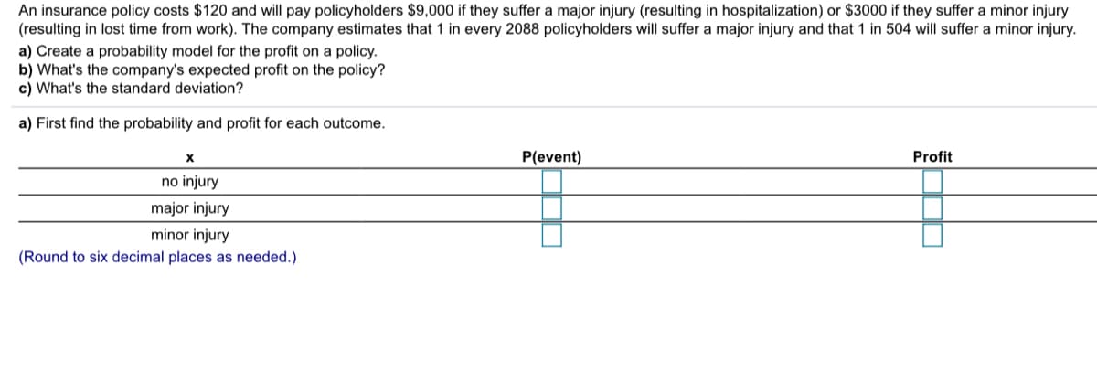 An insurance policy costs $120 and will pay policyholders $9,000 if they suffer a major injury (resulting in hospitalization) or $3000 if they suffer a minor injury
(resulting in lost time from work). The company estimates that 1 in every 2088 policyholders will suffer a major injury and that 1 in 504 will suffer a minor injury.
a) Create a probability model for the profit on a policy.
b) What's the company's expected profit on the policy?
c) What's the standard deviation?
a) First find the probability and profit for each outcome.
P(event)
Profit
no injury
major injury
minor injury
(Round to six decimal places as needed.)
