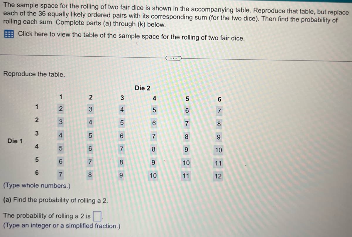 The sample space for the rolling of two fair dice is shown in the accompanying table. Reproduce that table, but replace
each of the 36 equally likely ordered pairs with its corresponding sum (for the two dice). Then find the probability of
rolling each sum. Complete parts (a) through (k) below.
Click here to view the table of the sample space for the rolling of two fair dice.
Reproduce the table.
Die 1
1
2
3
4
5
6
12345
234567 00
6
7
8
34567
8
9
(Type whole numbers.)
(a) Find the probability of rolling a 2.
The probability of rolling a 2 is
(Type an integer or a simplified fraction.)
Die 2
4
5
6780
9
10
5678
9
10
11
2006829
10
11
12