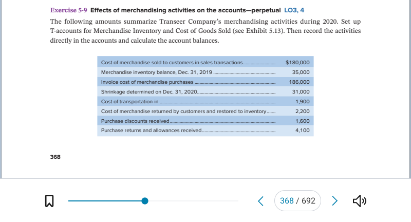 Exercise 5-9 Effects of merchandising activities on the accounts-perpetual LO3, 4
The following amounts summarize Transeer Company's merchandising activities during 2020. Set up
T-accounts for Merchandise Inventory and Cost of Goods Sold (see Exhibit 5.13). Then record the activities
directly in the accounts and calculate the account balances.
368
B
Cost of merchandise sold to customers in sales transactions..
Merchandise inventory balance, Dec. 31, 2019.
Invoice cost of merchandise purchases
Shrinkage determined on Dec. 31, 2020..
Cost of transportation-in.
Cost of merchandise returned by customers and restored to inventory......
Purchase discounts received..
Purchase returns and allowances received.
<
$180,000
35,000
186,000
31,000
1,900
2,200
1,600
4,100
368/692 >>>