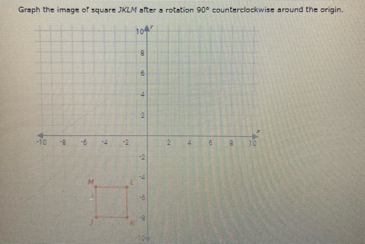 Graph the image of square JKLM ofter a rotation 90 counterclockwise around the origin.
104
10
