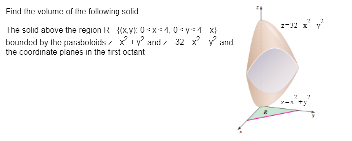 Find the volume of the following solid.
z=32-x -y
The solid above the region R = {(x,y): 0sxs4, 0sys4- x}
bounded by the paraboloids z = x2 + y2 and z = 32 - x2 - y² and
the coordinate planes in the first octant
z=x

