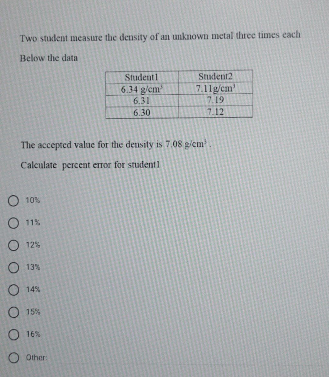 Two student measure the density of an unknown metal three times each
Below the data
Student1
Student2
6.34 g/cm
6.31
7.11g/cm2
7.19
6.30
7.12
The accepted value for the density is 7.08 g/cm² .
Calculate percent error for student1
О 10%
O 11%
О 12%
О 13%
О 14%
O 15%
O 16%
O Other:
