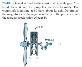 20-18. Gear A is fixed to the crankshaft S, while gear C is
fixed. Gear B and the propeller are free to rotate. The
crankshaft is turning at 80 rad/s about its axis. Determine
the magnitudes of the angular velocity of the propeller and
the angular acceleration of gear B.
80 rad/s
