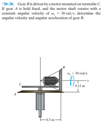 *20-20. Gear B is driven by a motor mounted on turntable C.
If gear A is held fixed, and the motor shaft rotates with a
constant angular velocity of w, = 30 rad/s, determine the
angular velocity and angular acceleration of gear B.
w, = 30 rad/s
tidism
0.15
-0.3 m-
