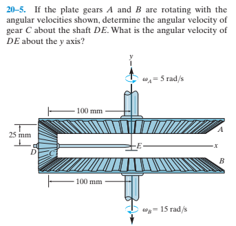 20-5. If the plate gears A and B are rotating with the
angular velocities shown, determine the angular velocity of
gear C about the shaft DE. What is the angular velocity of
DE about the y axis?
w= 5 rad/s
100 mm
25 mm
B
- 100 mm
W= 15 rad/s
