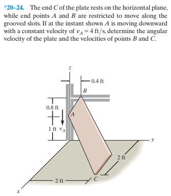 *20-24. The end C of the plate rests on the horizontal plane,
while end points A and B are restricted to move along the
grooved slots. If at the instant shown A is moving downward
with a constant velocity of va = 4 ft/s, determine the angular
velocity of the plate and the velocities of points B and C.
0.4 ft
0.8 ft
1 ft vA
2 ft
2 ft
