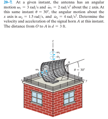 20–7. At a given instant, the antenna has an angular
motion w = 3 rad/s and o = 2 rad/s² about the z axis. At
this same instant 0 = 30°, the angular motion about the
x axis is w, = 1.5 rad/s, and o, = 4rad/s?. Determine the
velocity and acceleration of the signal horn A at this instant.
The distance from 0 to A is d = 3 ft.
e = 30°
