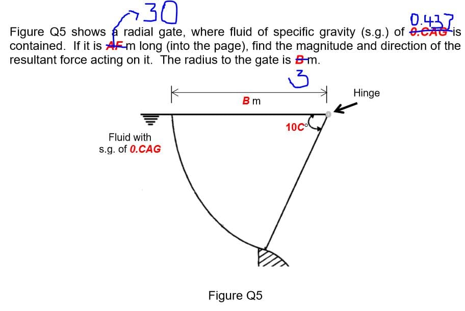 30
Figure Q5 shows a radial gate, where fluid of specific gravity (s.g.) of 0.CAGIS
contained. If it is AFm long (into the page), find the magnitude and direction of the
resultant force acting on it. The radius to the gate is Bm.
Hinge
Bm
10C
Fluid with
s.g. of 0.CAG
Figure Q5
