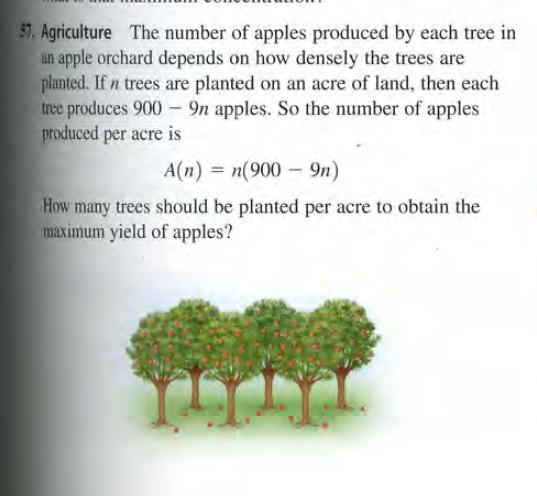 57. Agriculture The number of apples produced by each tree in
an apple orchard depends on how densely the trees are
planted. If n trees are planted on an acre of land, then each
tree produces 900 - 9n apples. So the number of apples
produced per acre is
A(n) = n(900 – 9n)
%3D
How many trees should be planted per acre to obtain the
maximum yield of apples?
