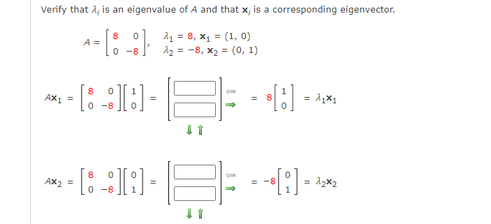 Verify that 2; is an eigenvalue of A and that x; is a corresponding eigenvector.
8
A =
11 = 8, x1 = (1, 0)
12 = -8, x2 = (0, 1)
-8
8
Ax, =
= 11x1
=
8
0 -8
8.
Ax2
= -8
= 12x2
-8
