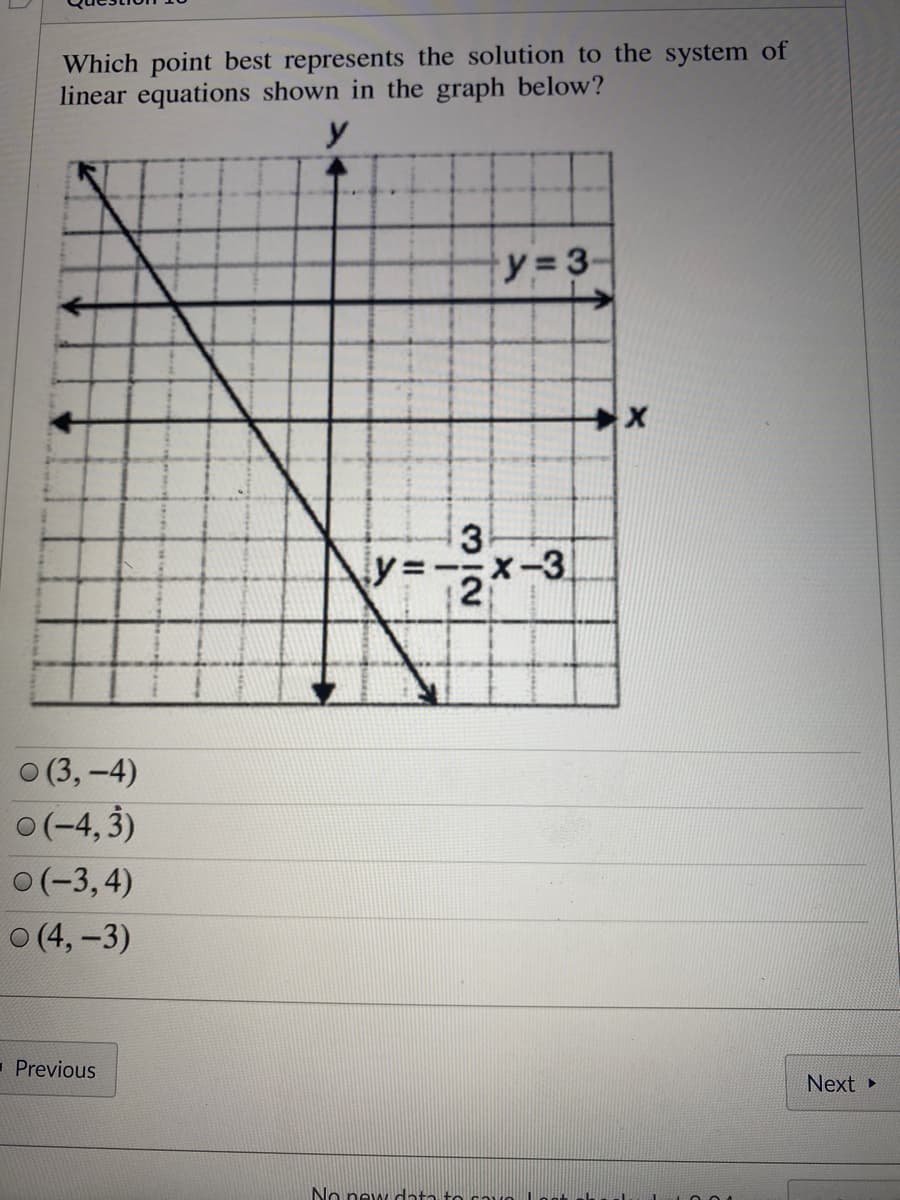 Which point best represents the solution to the system of
linear equations shown in the graph below?
y
y 3
3
y:
X-3
о (3,-4)
o(-4,3)
0(-3,4)
O (4,-3)
- Previous
Next
No new dnta to o
