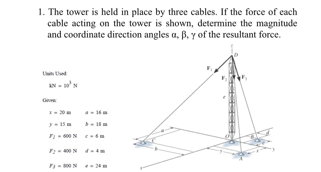 1. The tower is held in place by three cables. If the force of each
cable acting on the tower is shown, determine the magnitude
and coordinate direction angles a, B, y of the resultant force.
Units Used:
F,
kN =
10° N
Given:
x = 20 m
a = 16 m
y = 15 m
b = 18 m
F1 = 600 N
c = 6 m
F2 = 400 N
d = 4 m
F3 = 800 N
e = 24 m
