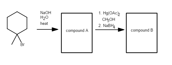 NaOH
1. Hg(OAC)
CH3OH
2. NABH,
H20
heat
compound A
compound B
Br
