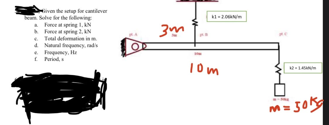 Given the setup for cantilever
beam. Solve for the following:
a.
b.
C.
d.
Force at spring 1, KN
Force at spring 2, kN
Total deformation in m.
Natural frequency, rad/s
Frequency, Hz
e.
f. Period, s
pt. A
3m
pt. B
10m
k12.06kN/m
10m
pt. C
m=50kg
M=
k2= 1.45kN/m
50kg