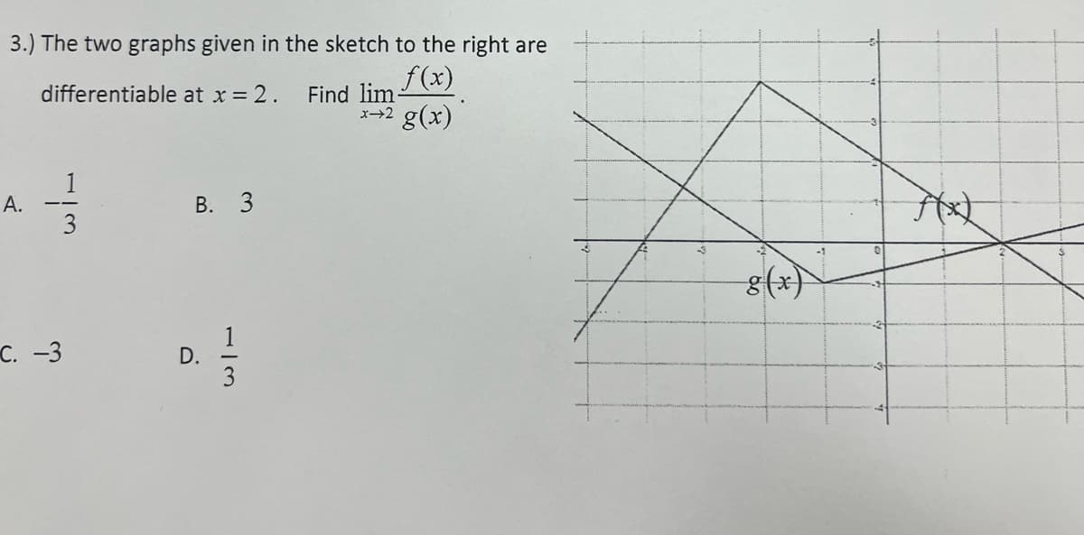 3.) The two graphs given in the sketch to the right are
ƒ(x)
² g(x)
A.
differentiable at x = 2. Find lim-
x-2
دراسي
C. -3
B. 3
D.
Axt