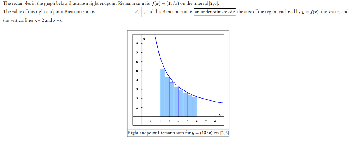The rectangles in the graph below illustrate a right endpoint Riemann sum for f(x) = (13/x) on the interval [2, 6].
The value of this right endpoint Riemann sum is
, and this Riemann sum is an underestimate of - the area of the region enclosed by y = f(x), the x-axis, and
the vertical lines x = 2 and x = 6.
7
3
2
1
2
3
4
5
6
7
8
Right endpoint Riemann sum for y = (13/x) on [2,6]
