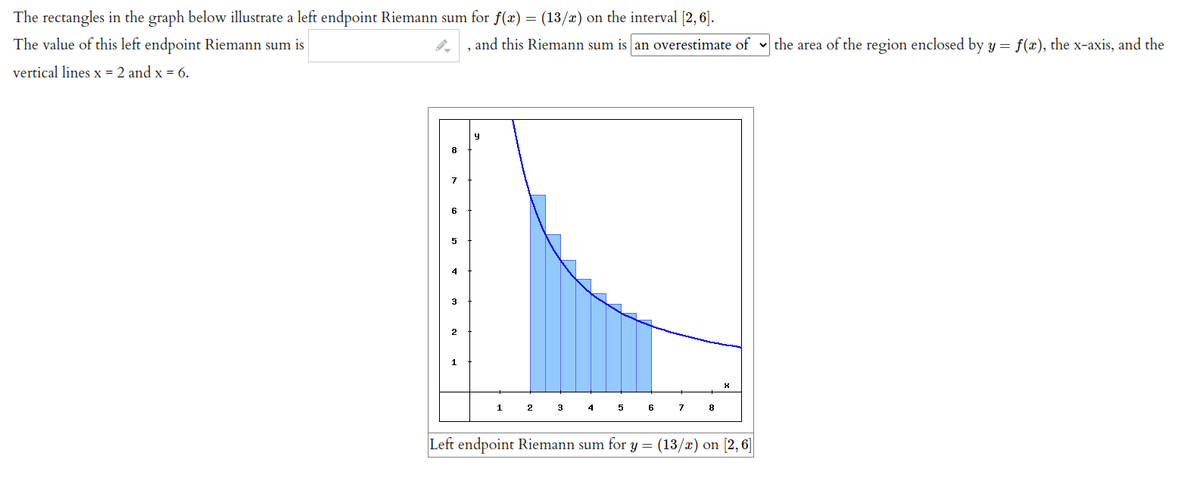 The rectangles in the graph below illustrate a left endpoint Riemann sum for f(x) = (13/x) on the interval [2, 6].
The value of this left endpoint Riemann sum is
,and this Riemann sum is an overestimate of v the area of the region enclosed by y = f(x), the x-axis, and the
vertical lines x = 2 and x = 6.
5
4
3
2
1
1
4
6
7
8
Left endpoint Riemann sum for y = (13/x) on [2, 6]
