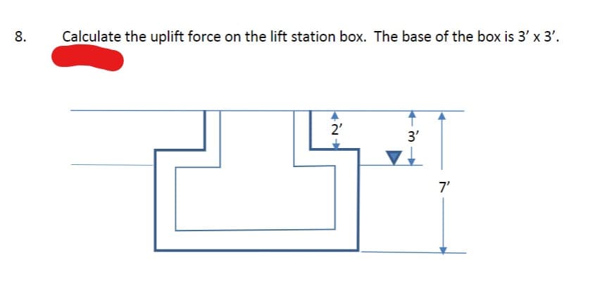 8.
Calculate the uplift force on the lift station box. The base of the box is 3' x 3'.
424
3'
12
7'