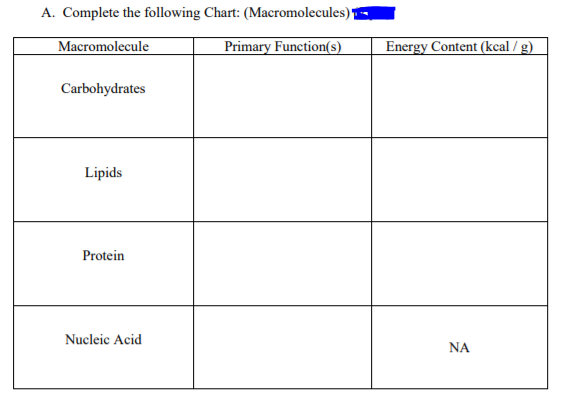 A. Complete the following Chart: (Macromolecules)
Macromolecule
Primary Function(s)
Energy Content (kcal / g)
Carbohydrates
Lipids
Protein
Nucleic Acid
NA
