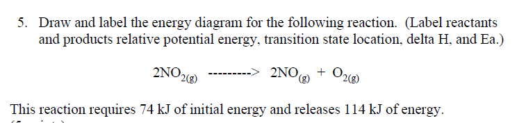 5. Draw and label the energy diagram for the following reaction. (Label reactants
and products relative potential energy, transition state location, delta H, and Ea.)
2NO28)
2NO + O2c®
+ O2g)
This reaction requires 74 kJ of initial energy and releases 114 kJ of energy.
