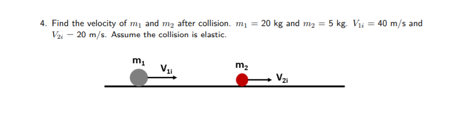 20 kg and m2 = 5 kg. Vii = 40 m/s and
4. Find the velocity of m1 and m2 after collision. m1
V2i – 20 m/s. Assume the collision is elastic.
m2
V2i
