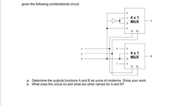 given the following combinational circuit:
4 x 1
MUX
4 x 1
MUX
S,
a. Determine the outputs functions A and B as sums of minterms. Show your work.
b. What does the circuit do and what are other names for A and B?
