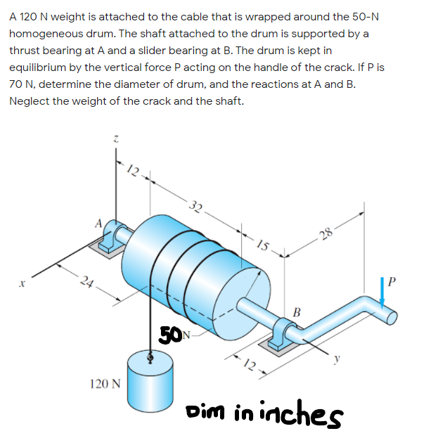 A 120 N weight is attached to the cable that is wrapped around the 50-N
homogeneous drum. The shaft attached to the drum is supported by a
thrust bearing at A and a slider bearing at B. The drum is kept in
equilibrium by the vertical force Pacting on the handle of the crack. If P is
70 N, determine the diameter of drum, and the reactions at A and B.
Neglect the weight of the crack and the shaft.
32
A,
28
15
P
24
В
50N
12-/
120 N
Dim in inches
