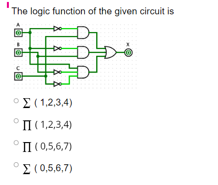 The logic function of the given circuit is
0
B
0
UO
8
Σ ( 1,2,3,4)
II (1,2,3,4)
II (0,5,6,7)
° Σ ( 0,5,6,7)