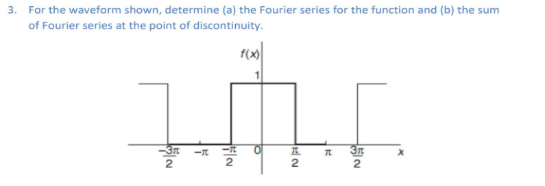 3. For the waveform shown, determine (a) the Fourier series for the function and (b) the sum
of Fourier series at the point of discontinuity.
|
-3
T 31
X
2
-T
2
f(x)
π
2