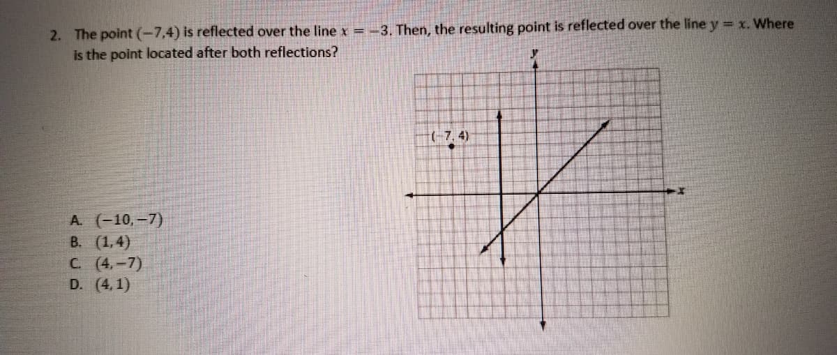 2. The point (-7,4) is reflected over the line x = -3. Then, the resulting point is reflected over the liney x. Where
is the point located after both reflections?
(-7,4)
A. (-10,-7)
B. (1,4)
C (4,-7)
D. (4, 1)
