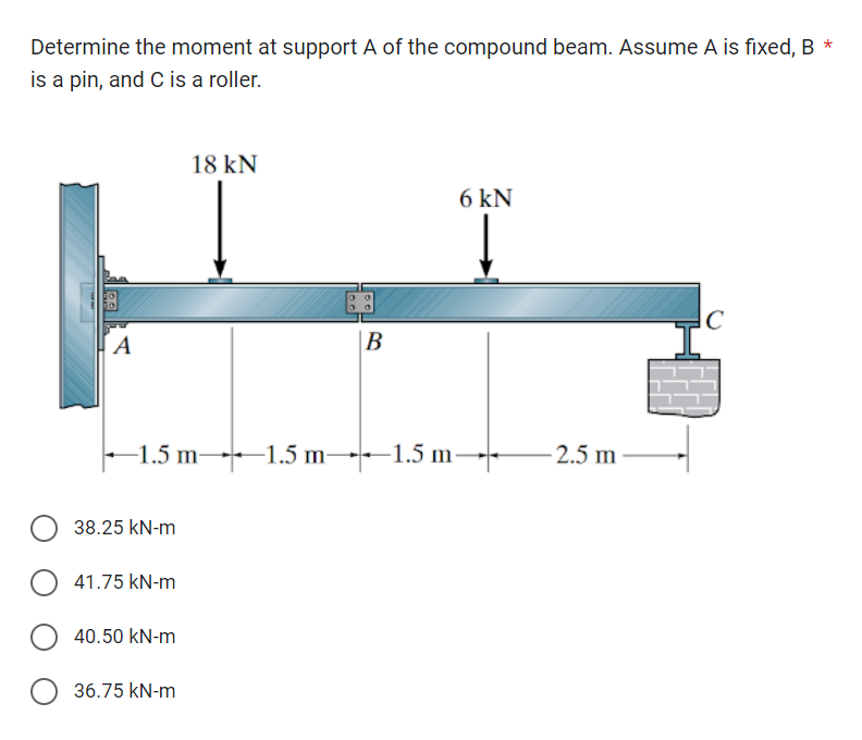 Determine the moment at support A of the compound beam. Assume A is fixed, B *
is a pin, and C is a roller.
A
38.25 kN-m
-1.5 m 1.5 m 1.5 m
41.75 kN-m
40.50 kN-m
18 kN
36.75 kN-m
B
6 kN
2.5 m
с