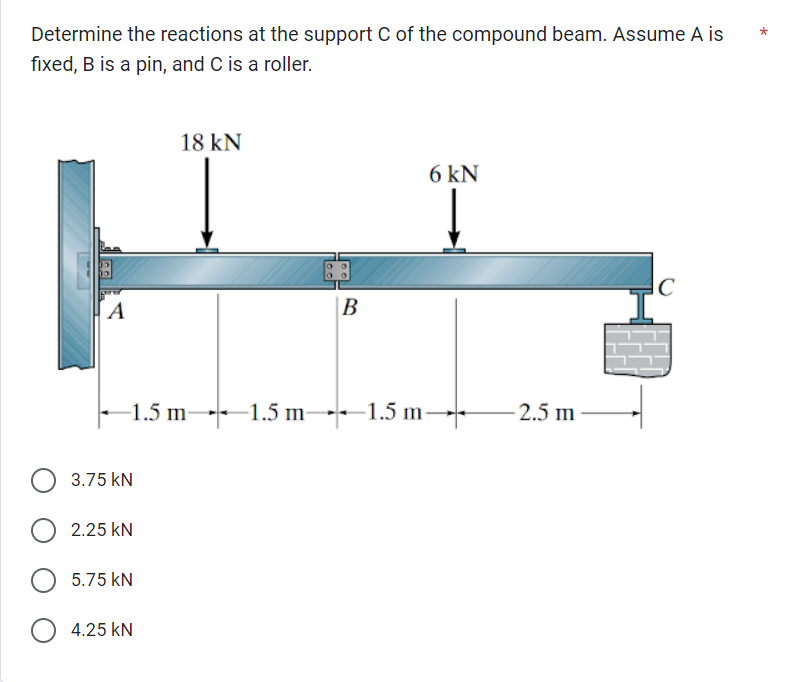 Determine the reactions at the support C of the compound beam. Assume A is
fixed, B is a pin, and C is a roller.
A
-1.5 m-
3.75 KN
O 2.25 KN
5.75 KN
18 kN
O 4.25 KN
B
1.5 m 1.5 m
6 kN
2.5 m
C
*