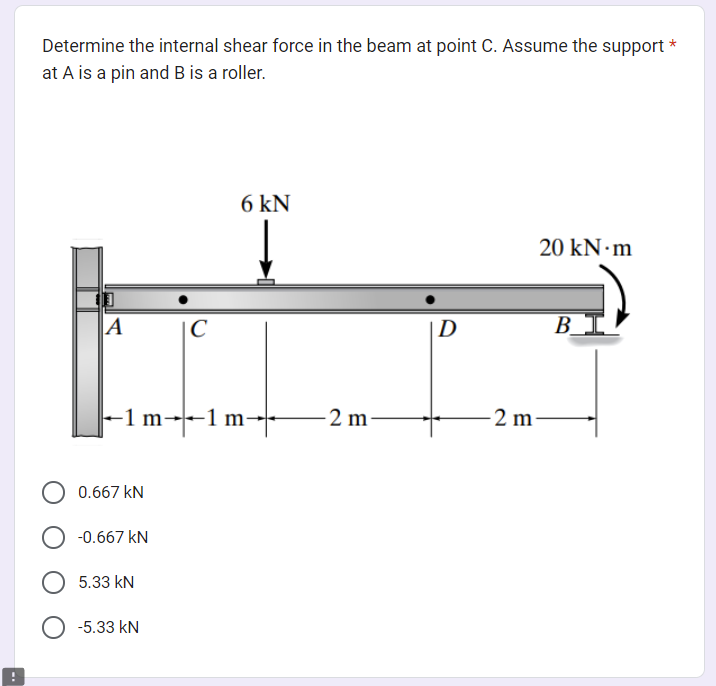 Determine the internal shear force in the beam at point C. Assume the support *
at A is a pin and B is a roller.
A
0.667 kN
-1 m1 m
-0.667 kN
5.33 kN
C
-5.33 KN
6 kN
-2 m
D
20 kN m
-2 m-
B