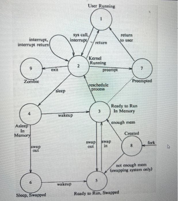 interrupt,
interrupt return(
9
Zombie
Asleep
In
Memory
swap
out
Sleep, Swapped
exit
sleep
sys call,
interrupt
wakeup
wakeup
User Running
2
return
Kernel
Running
preempt
reschedule
process
3
swap swap
in
out
return
to user
Ready to Run
In Memory
Preempted
enough mem
Ready to Run, Swapped
Created
fork
not enough mem
(swapping system only)