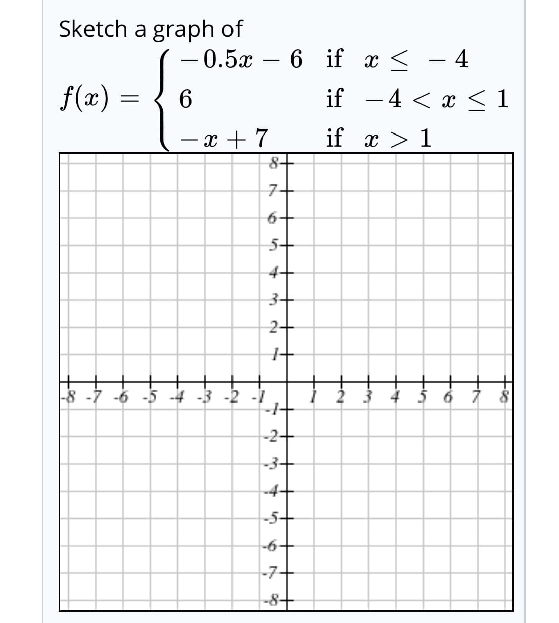 Sketch a graph of
0.5x – 6 if x <
f(x)
if -4 < x < 1
if x > 1
-x + 7
8+
|-8 -7 -6 -5 -4 -3 -2 -1
-1+
-2+
-3+
-4+
-5+
-6+
-7+
-8+
2.
