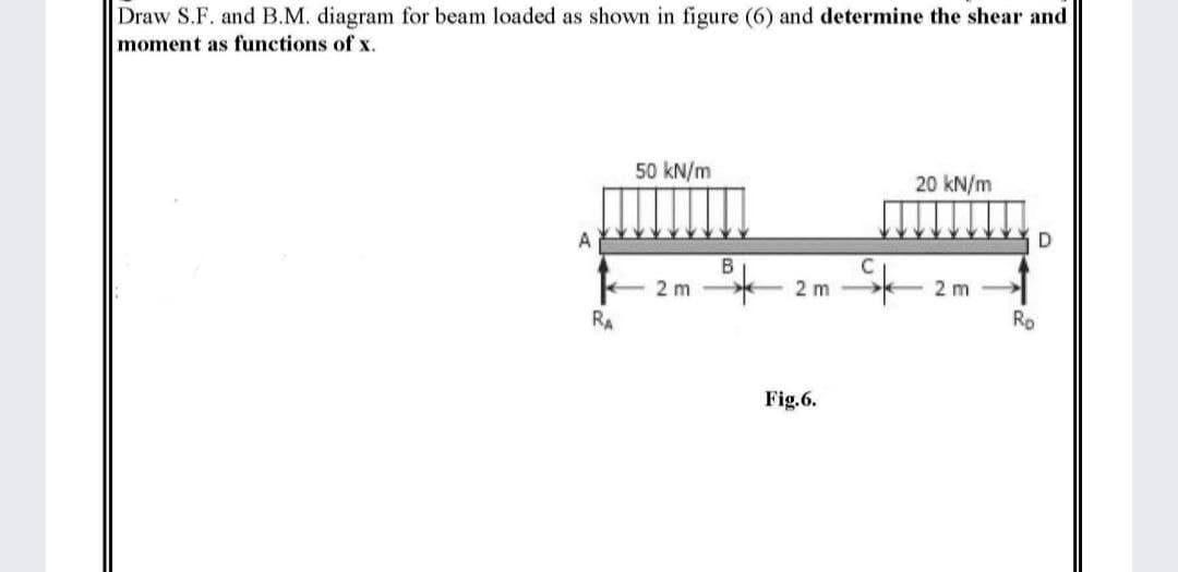 Draw S.F. and B.M. diagram for beam loaded as shown in figure (6) and determine the shear and
moment as functions of x.
50 kN/m
20 kN/m
D
A
2 m
2 m
2 m
Ro
RA
Fig.6.

