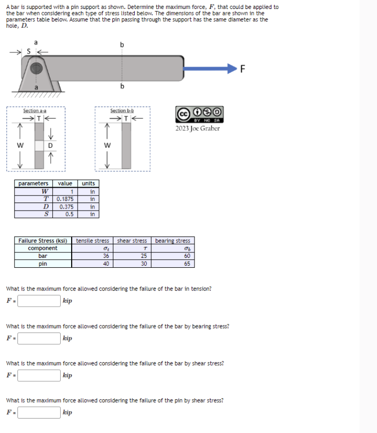 A bar is supported with a pin support as shown. Determine the maximum force, F, that could be applied to
the bar when considering each type of stress listed below. The dimensions of the bar are shown in the
parameters table below. Assume that the pin passing through the support has the same diameter as the
hole, D.
a
Section a-a
→T
↑
W
parameters
value
units
W
1
in
T
0.1875
in
D
0.375
in
S
0.5
in
Failure Stress (ksi) tensile stress
component
bar
pin
b
Section b-b
→T←
BY NO SA
2023 Joe Graber
shear stress
σε
T
bearing stress
ты
36
25
60
40
30
65
What is the maximum force allowed considering the failure of the bar in tension?
F =
kip
What is the maximum force allowed considering the failure of the bar by bearing stress?
F=
kip
What is the maximum force allowed considering the failure of the bar by shear stress?
F =
kip
What is the maximum force allowed considering the failure of the pin by shear stress?
F=
kip
F